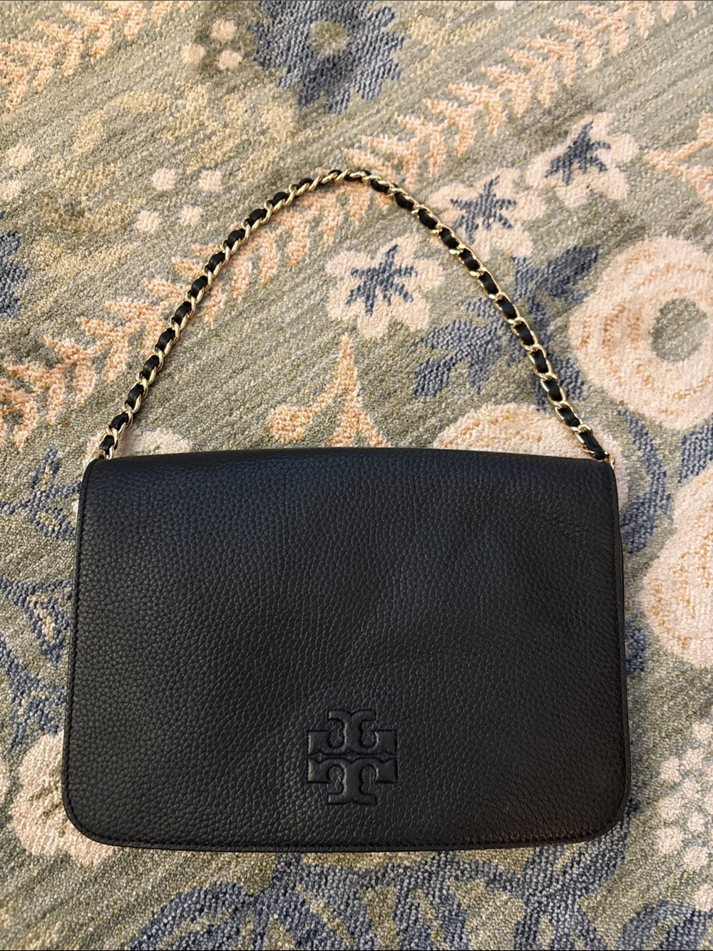 Tory Burch Black Pebbled Leather Shoulder Bag with Gold Chain